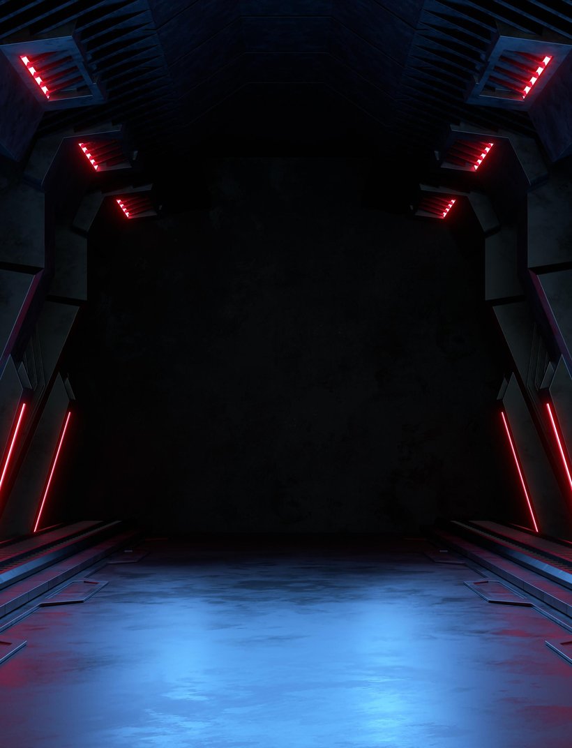 Dunkler futuristischer Korridor mit roten Neonlichtern in einer Science-Fiction-Umgebung