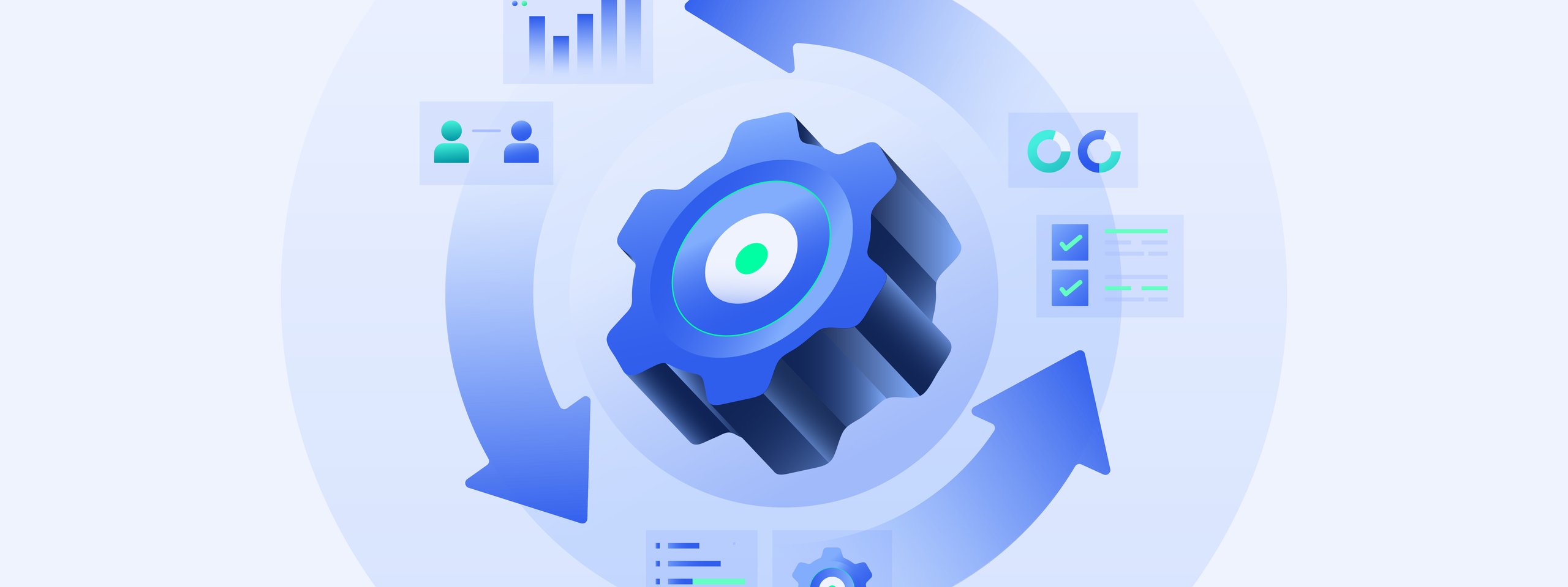 A 3D gear surrounded by circular arrows with icons of graphs, people, and checklists, symbolizing workflow or process automation.