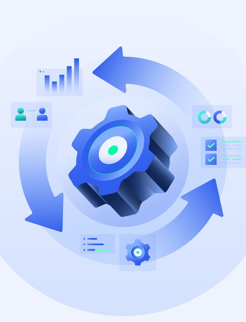 A 3D gear surrounded by circular arrows with icons of graphs, people, and checklists, symbolizing workflow or process automation.