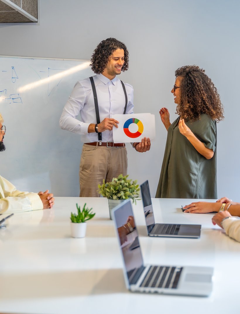 Team präsentiert und diskutiert ein buntes Diagramm in einem modernen Büro während eines Meetings.