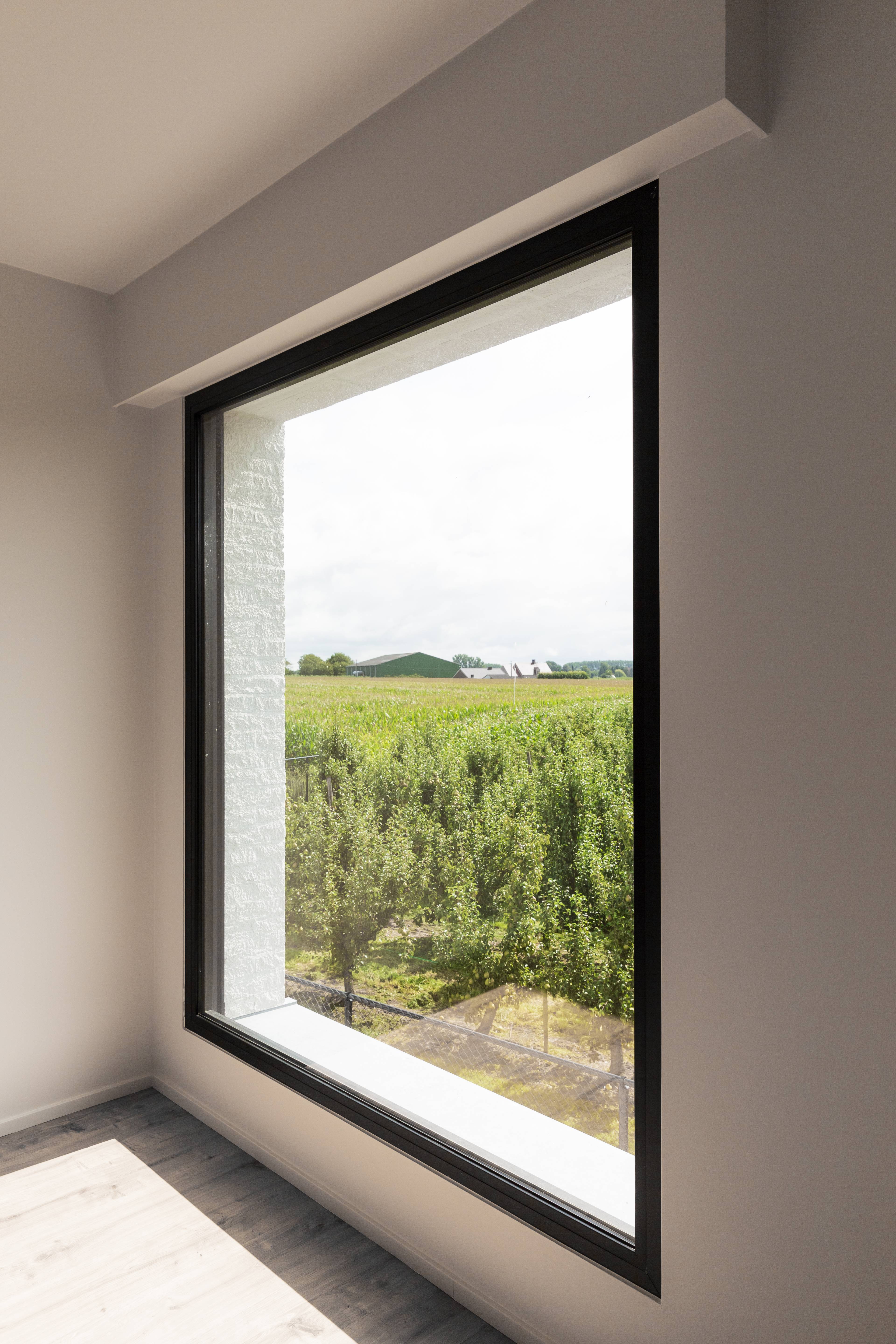 Vue intérieure d’une fenêtre en aluminium carrée moderne de Profel au design épuré.