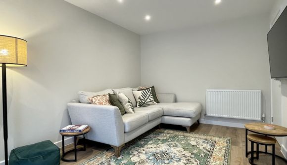 Cozy living room with a light gray sectional sofa, decorative pillows, a patterned rug, floor lamp, small tables, and a wall-mounted TV.