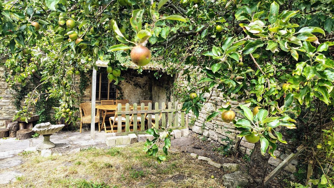 A rustic stone cottage with a wooden table and chairs is surrounded by lush apple trees, with ripe apples hanging from the branches.