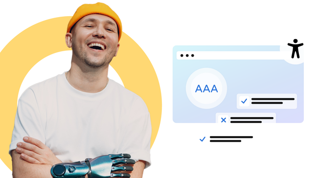 Uomo sorridente con un braccio robotico e un cappello giallo