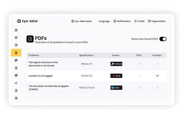PDF accessibility analysis with detected issues