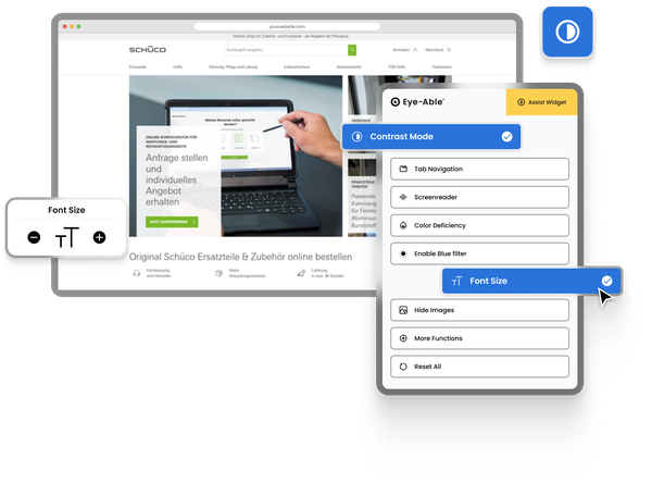 A webpage with accessibility tools overlay, featuring options for contrast mode, font size adjustment, and other assistive settings.