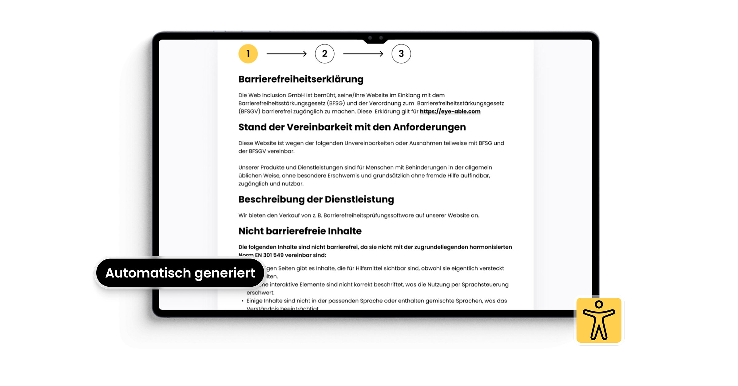 Screenshot einer automatische erstellten Barrierefreiheitserklärung mit dem Zusatz 