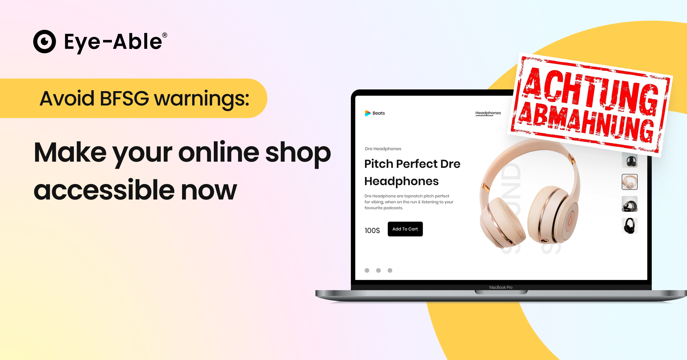 Laptop displaying a headphone product page with text: 