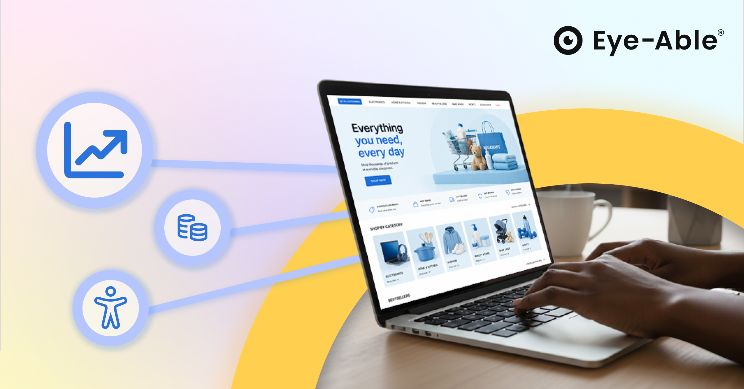 Laptop mit Online Shop auf dem Bildschirm, daneben grafische Symbole für Analyse, Daten und Barrierefreiheit. Oben rechts ist das Eye Able Logo zu sehen.