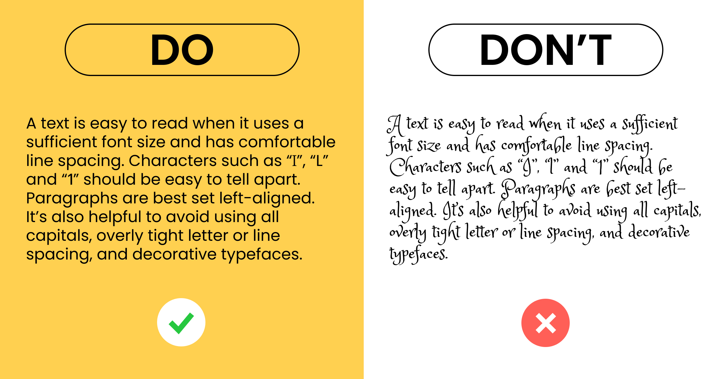 On the left, you see a well-formatted, readable text; on the right, an example of poor readability.