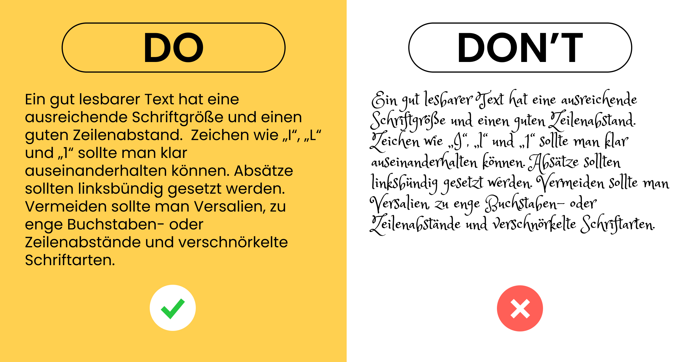Auf der linken Seite sieht man einen gut formatierten Text, auf der rechten Seite ist er schlecht lesbar.