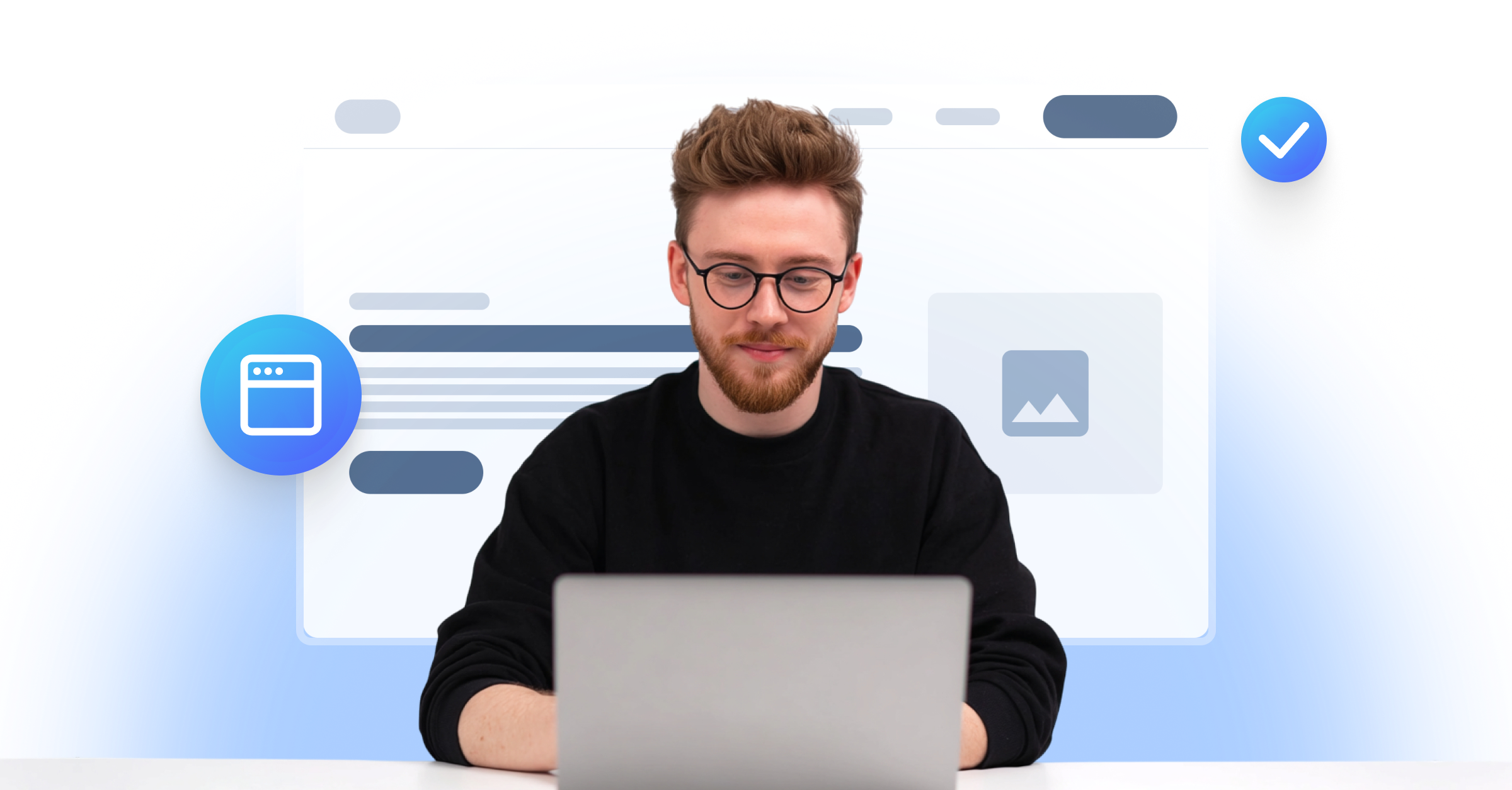 Man met bril werkt geconcentreerd achter een laptop. Op de achtergrond staat een gestileerde webinterface met tekst- en afbeeldingsblokken, aangevuld met iconen die een succesvolle controle of goedkeuring van webcontent en pagina-structuur visualiseren.