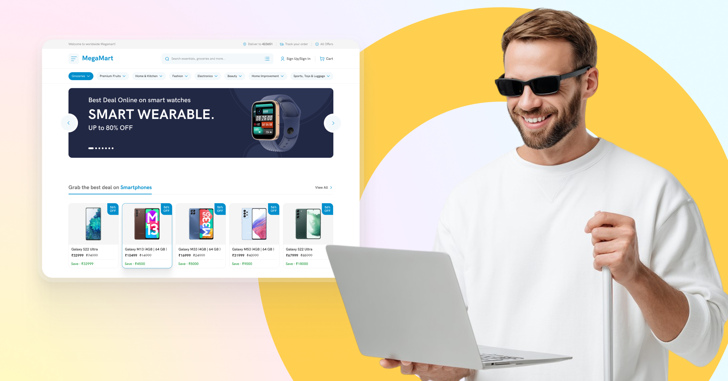 Mann mit Sonnenbrille und Blindenstock hält einen Laptop und lächelt. Daneben ist ein Online-Shop mit Angeboten für Smartwatches und Smartphones zu sehen.