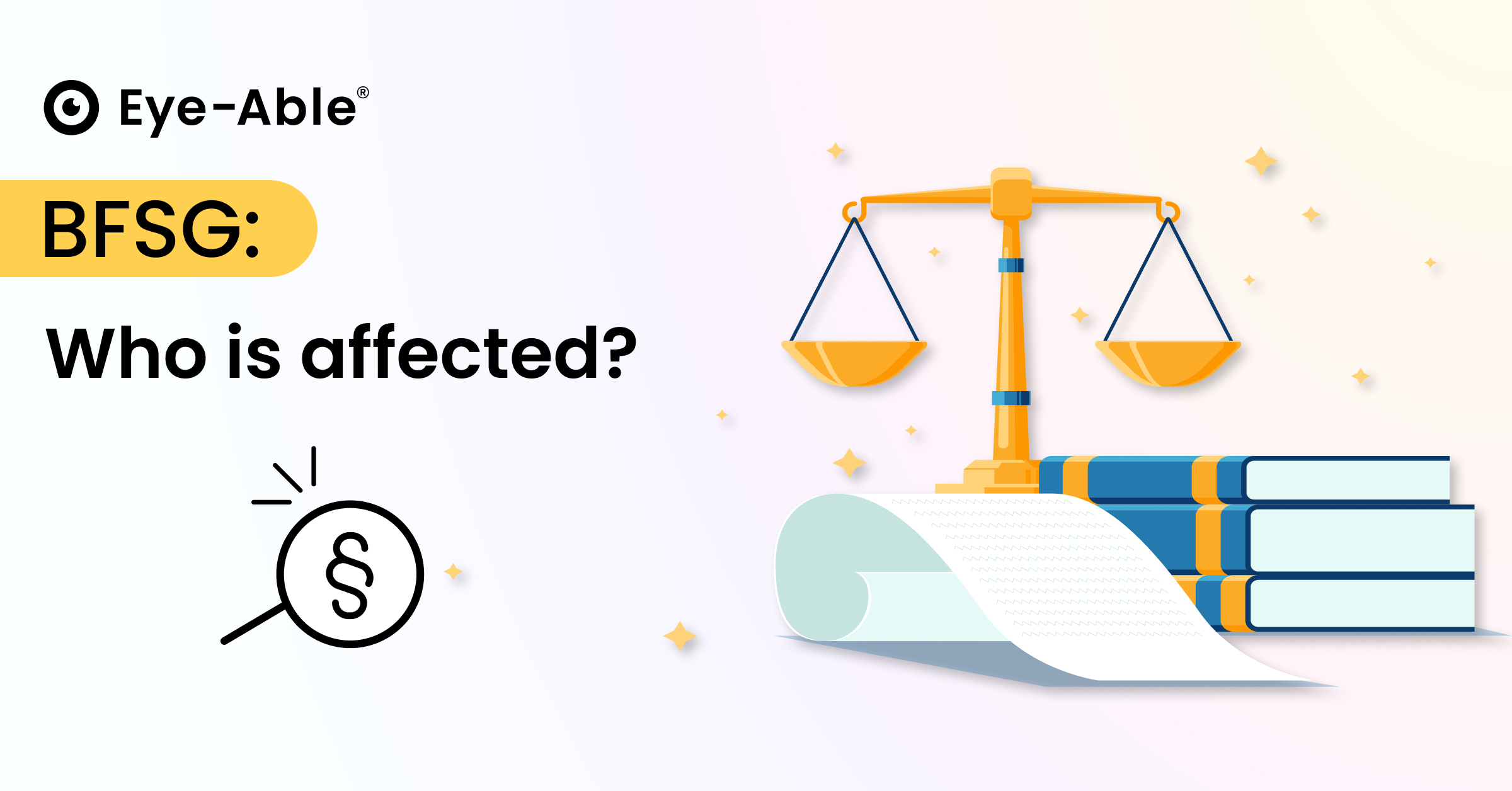 Illustration of scales, books, and a magnifying glass with a paragraph symbol. Text reads: 