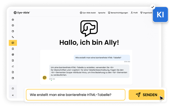 Ally KI-Assistent beantwortet Fragen zur Barrierefreiheit und bietet Hilfestellung zu WCAG-Anforderungen.