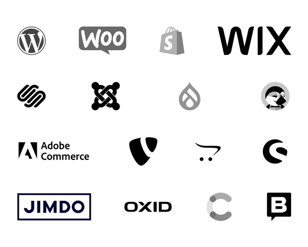 Logos von Web-Plattformen wie WordPress, WooCommerce, Shopify, Wix, Squarespace, Joomla und weiteren.
