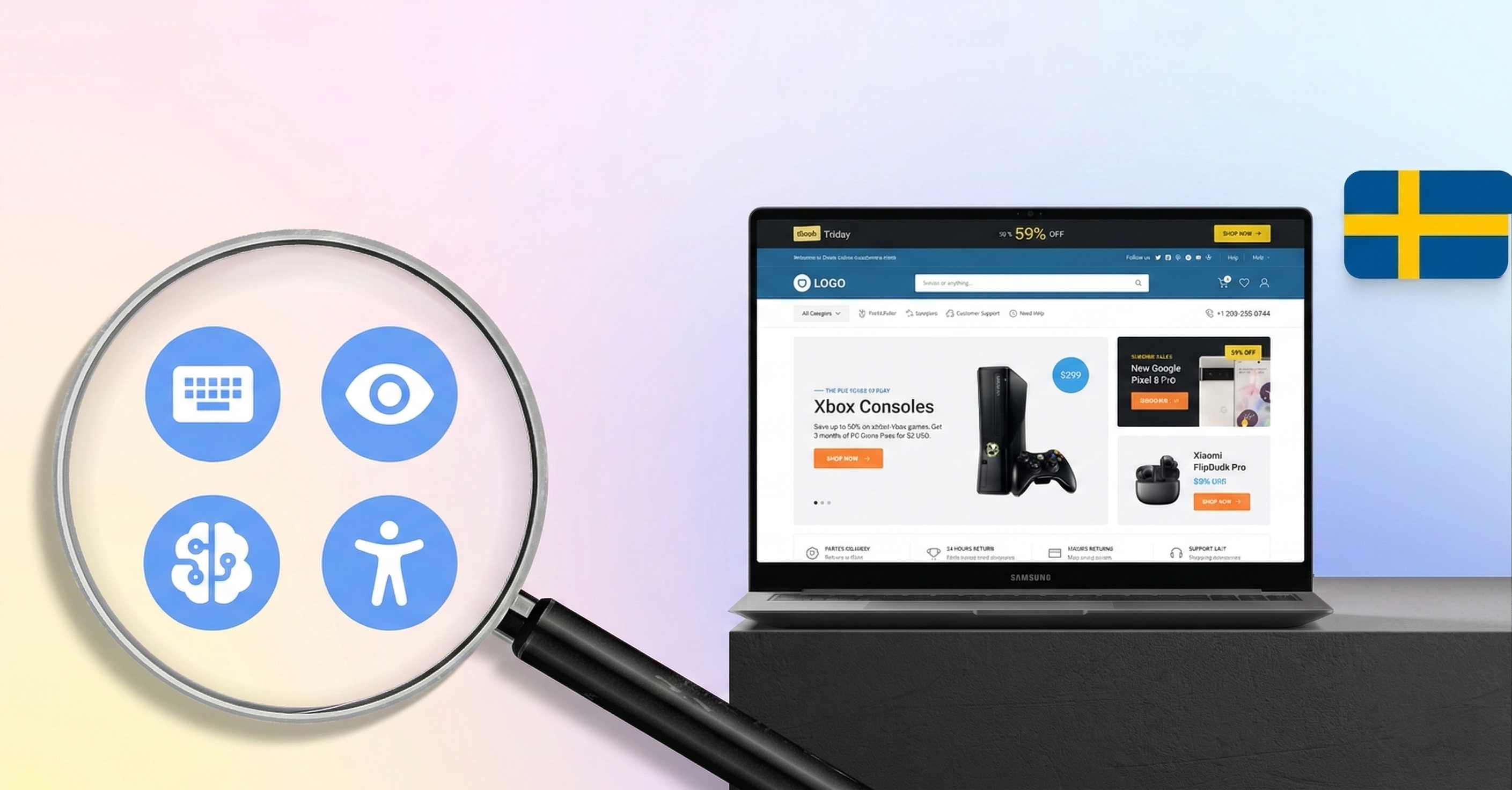 Laptop with electronics page, magnifying glass with accessibility icons and Sweden flag