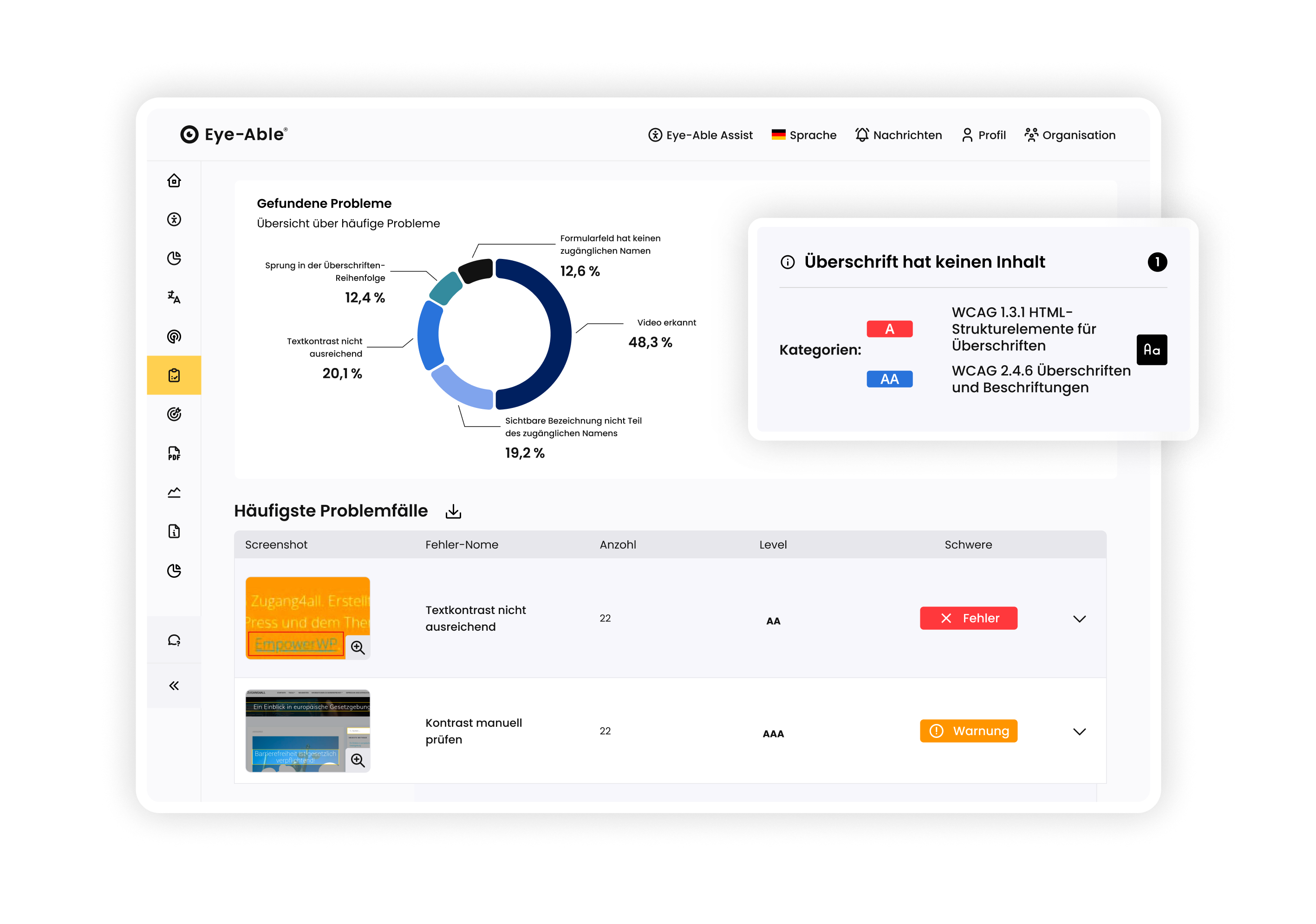 Eye-Able Dashboard Ansicht mit gefundenen Barrieren und häufigsten Problemen