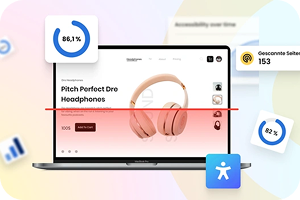 Laptop showing pink headphone product page with a red horizontal scan line, accessibility icon and floating analytics badges.