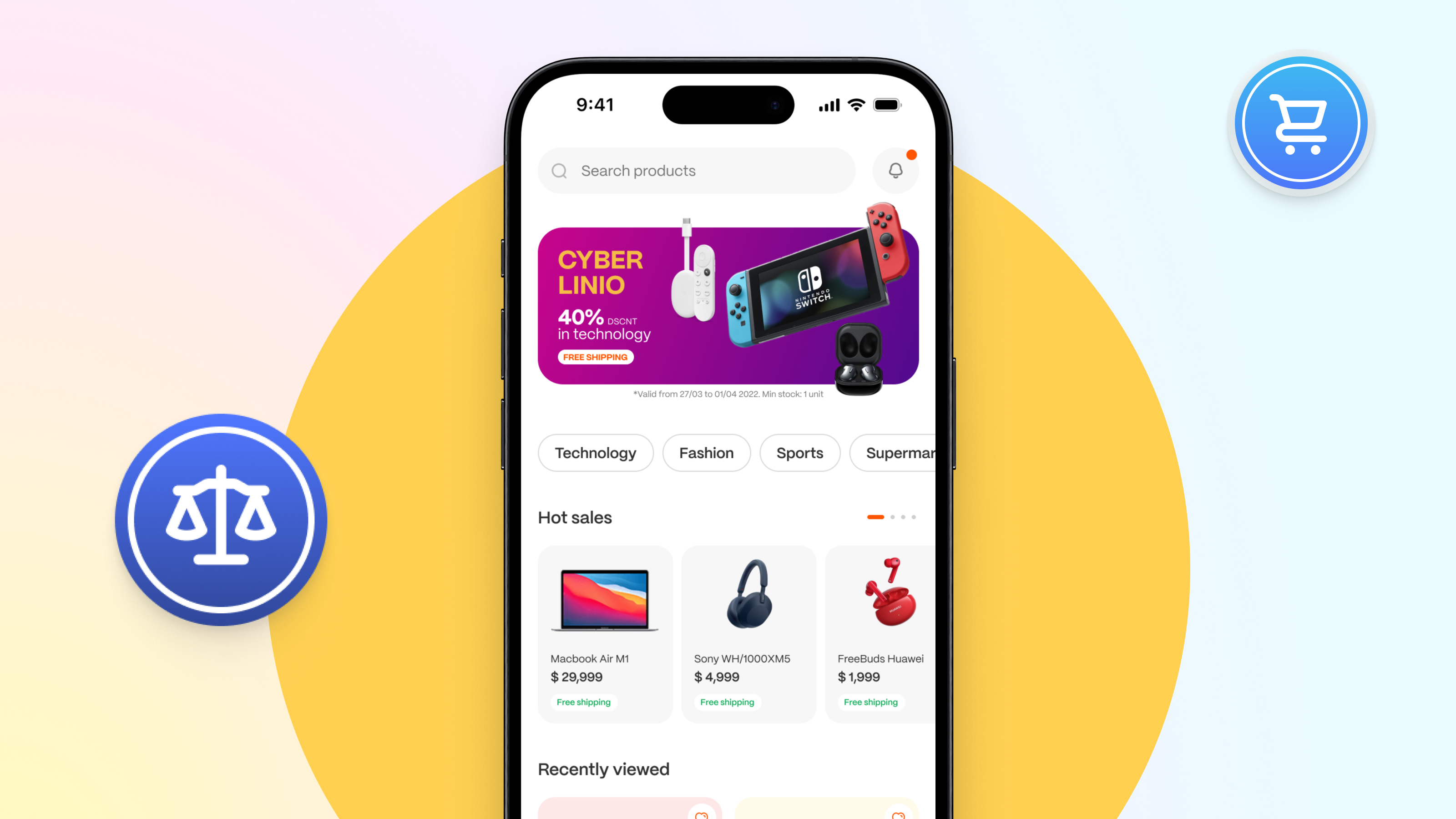 Screen of a mobile phone for an electronics shop with two icons of a shopping cart and a scale
