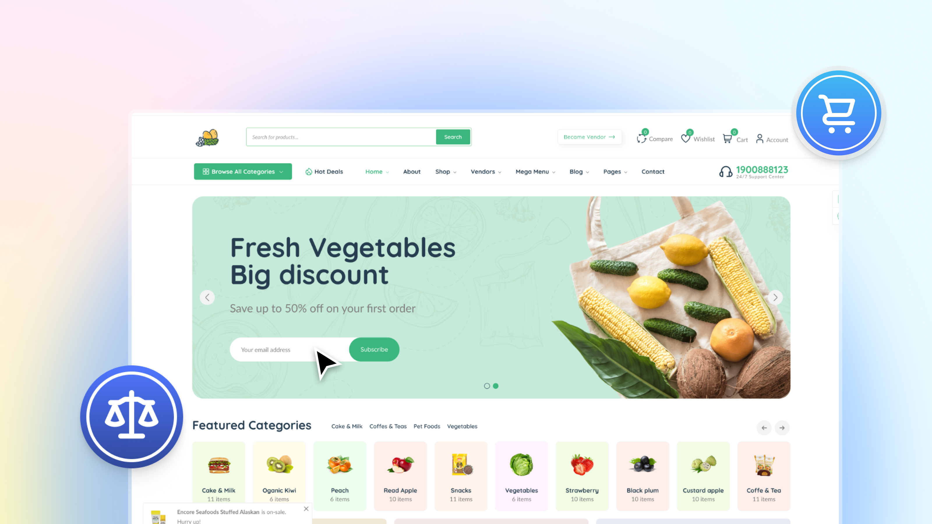 Page of an online supermarket showing vegetables with two icons at the corners for a shopping court and a scale