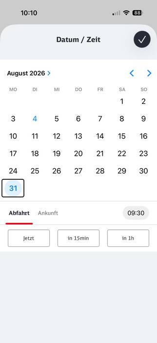 Buchungskalender der Deutschen Bahn mit einer funktionierenden Auswahl der Reisedaten.