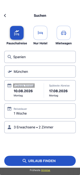Buchungsoberfläche mit fehlenden Elementrollen.