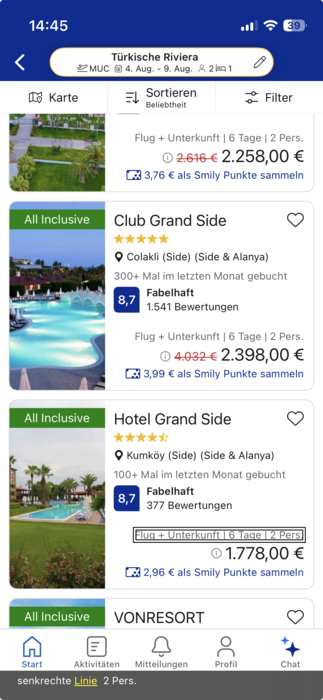 Check24 Hotelsuche ohne Struktur, der Preis ist nicht erkennbar.