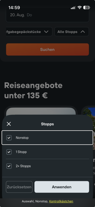 Buchungskalender on Kayah, bei dem die Option Nonstop nicht auswählbar ist