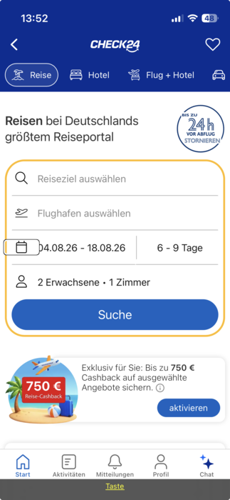 Buchungskalender von Check24 mit nicht beschrifteten Buttons. Screenreader liest 