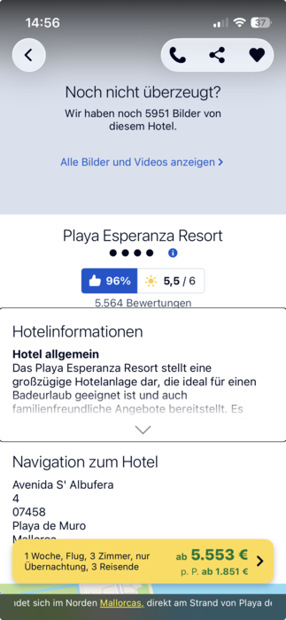 Hotelinformationen bei Holidaycheck. Der gesamte Inhalt wird ohne Struktur vorgelesen.