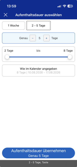 Screenshot eines Buchungskalenders mit Schieberegler, Screenreader liest vor 
