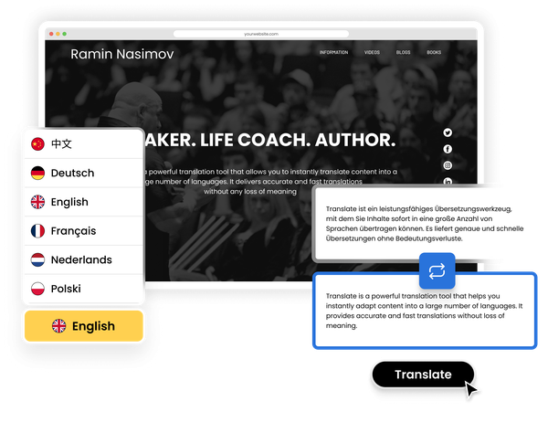 Website with Eye-Able Translate widget showing language selection and instant content translation.