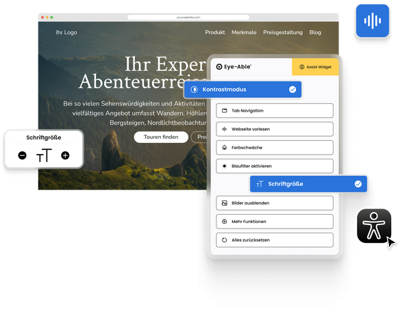 Website mit geöffnetem Eye-Able Assist Widget und Anzeige von Barrierefreiheitsfunktionen wie Kontrastmodus und Schriftgrößenanpassung