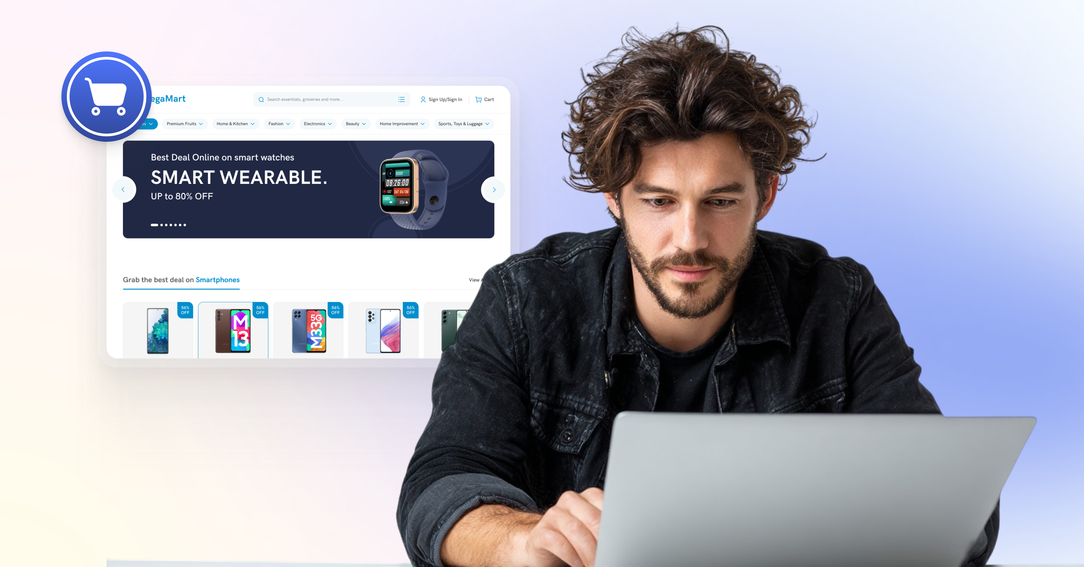 Man sitting in front of laptop with electronics website in the background