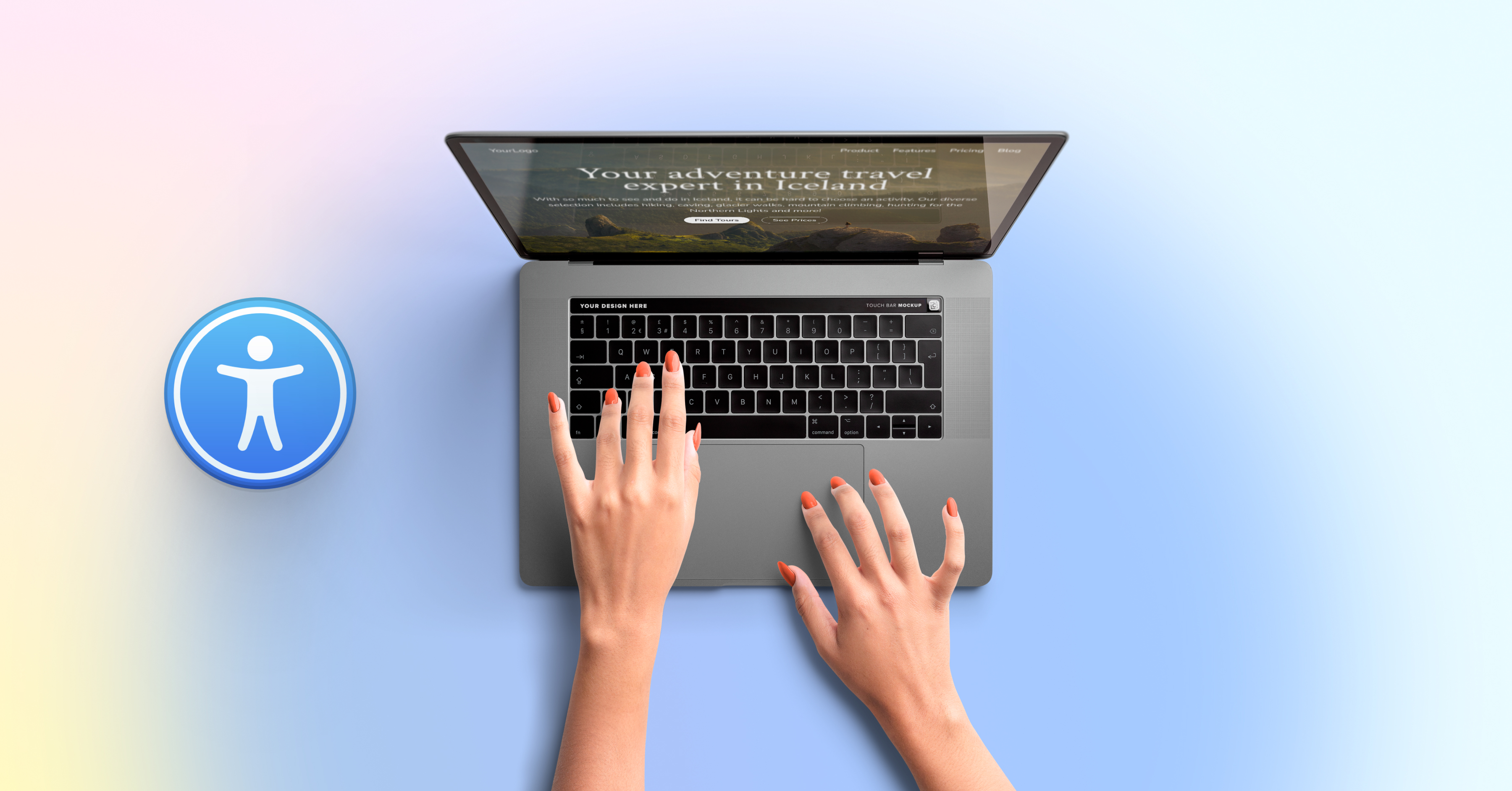 Hands of a woman typing on a laptop with an accessibility icon on the left.