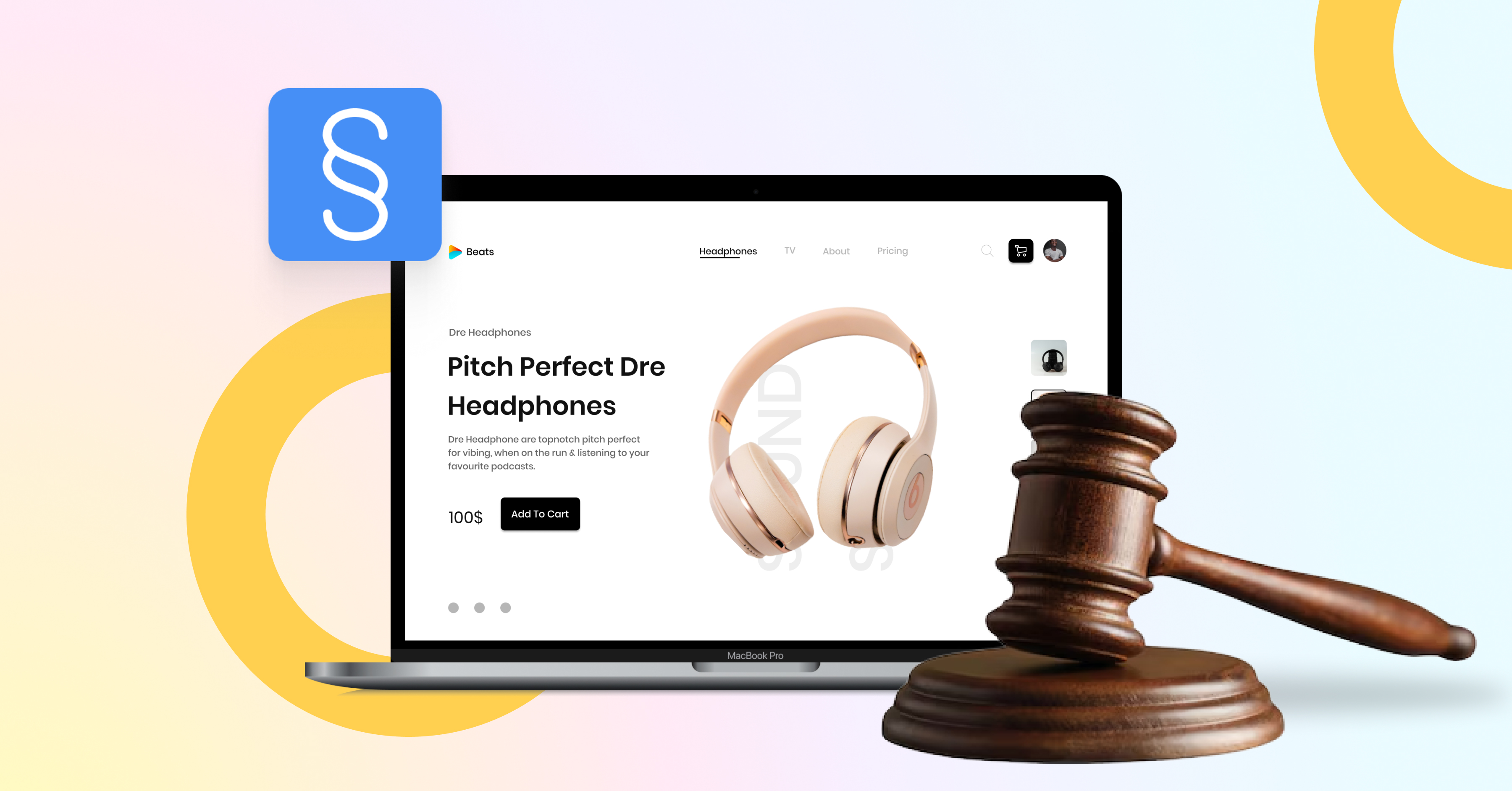 Laptop displaying headphones, a legal symbol, and a gavel, suggesting a legal issue related to headphone sales.
