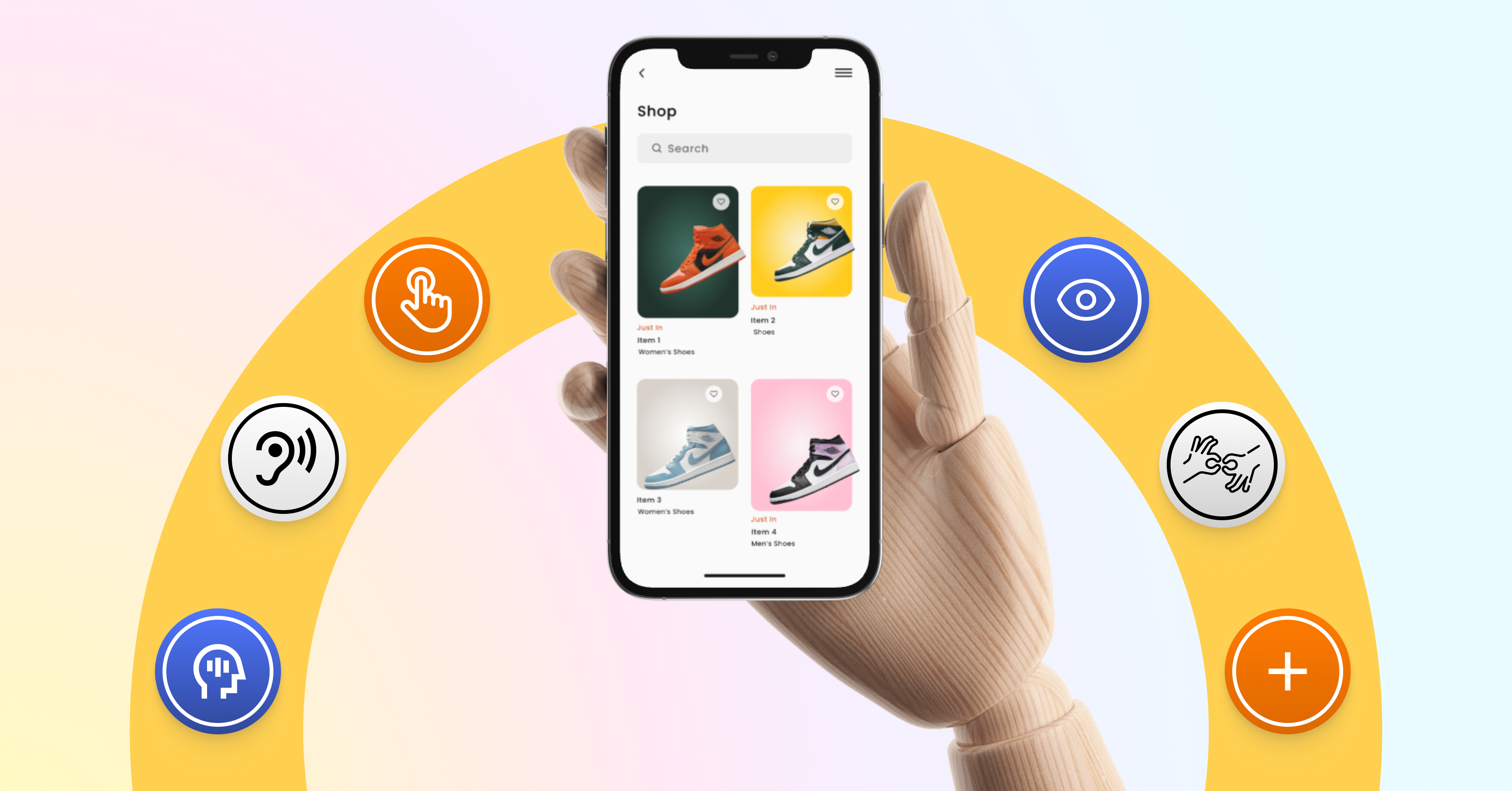 Hand mit Smartphone, auf dem ein Onlineshop zu sehen ist sowie Halbkreis mit Barrierefreiheitssymbolen