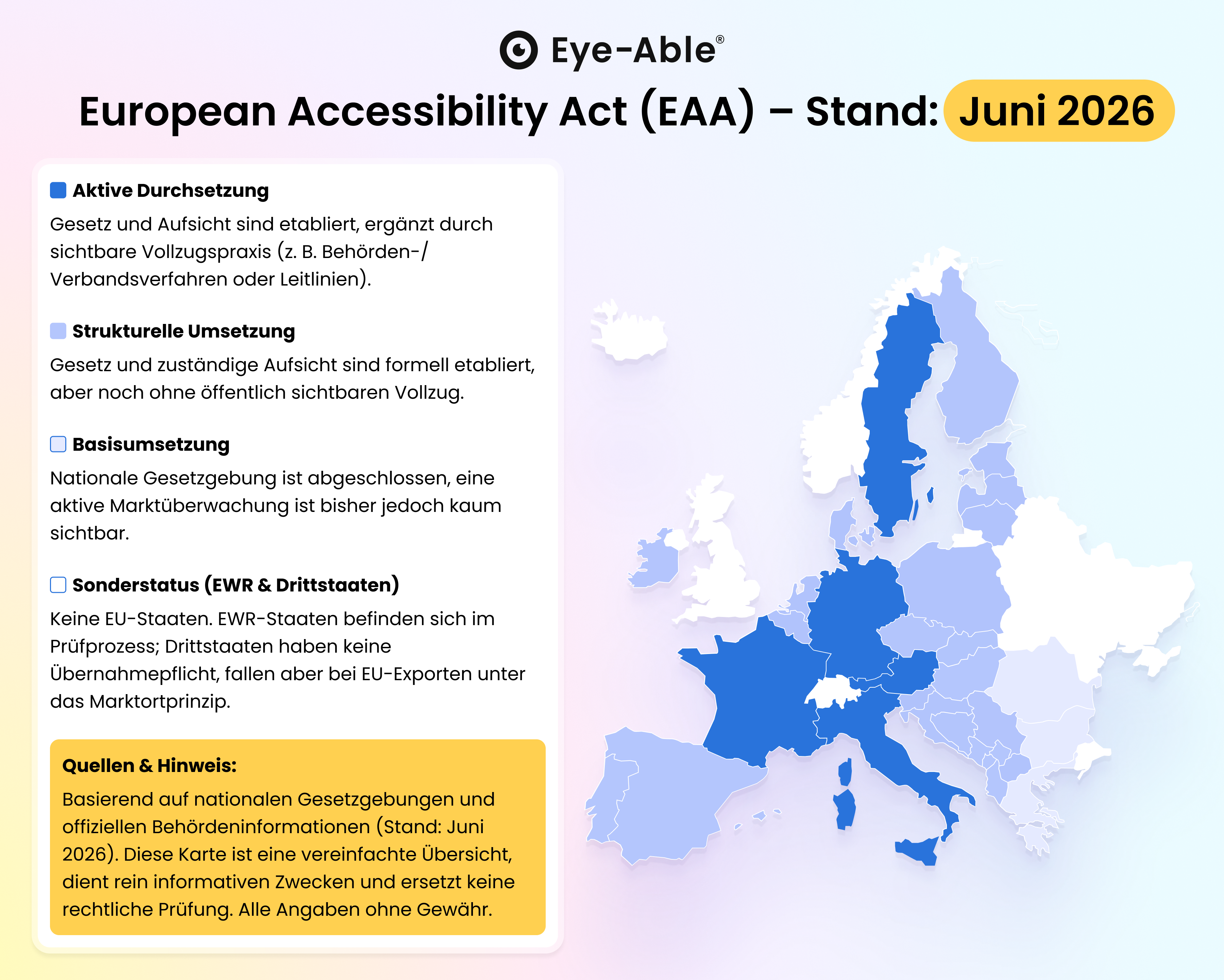 Europakarte mit Einfärbungen der einzelnen Länder je nach Umsetzung des European Accessibility Act