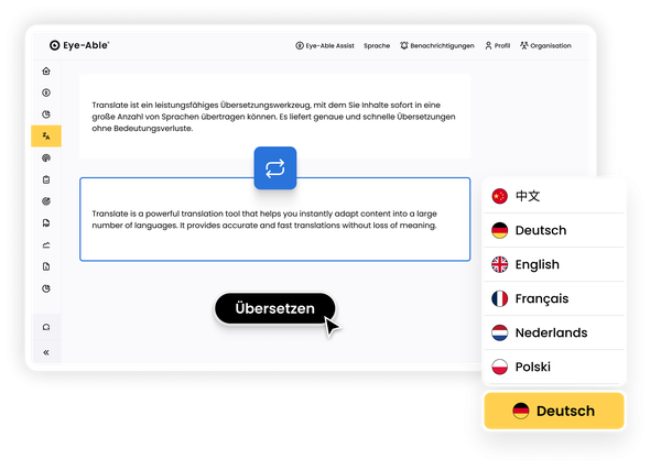 Webseiteninhalt wird mit Eye-Able Translate übersetzt, inklusive Sprachauswahl-Menü.