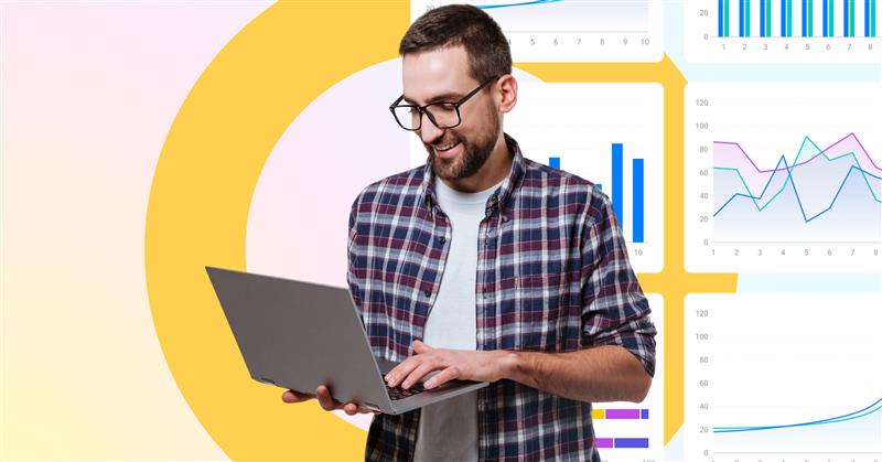 A smiling man with a laptop stands in front of a background that shows the eye-able design on the left half and graphs and statistics on the right side.