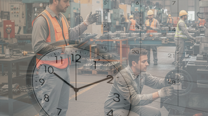 Symbolbild für Arbeitszeitmanagement im Maschinen- und Anlagenbau: Produktionsmitarbeiter in einer Werkhalle, überlagert von Uhr und Kalender, als Visualisierung der Herausforderungen rund um Arbeitszeitgesetz, Schichtplanung und Field Service Management.