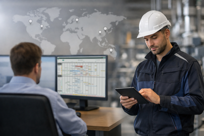 Zwei Mitarbeitende planen in einer industriellen Umgebung Serviceeinsätze: Eine Person sitzt vor einem Bildschirm mit einer Software zur Einsatzplanung, die andere steht daneben in Arbeitskleidung mit Schutzhelm und bedient ein Tablet; im Hintergrund ist eine Weltkarte mit markierten Standorten zu sehen, was auf die Koordination von Wartungen, Reparaturen und Neuinstallationen an verschiedenen Orten hinweist.