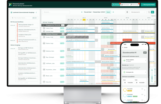 Man sieht einen Bildschirm auf dem man den fieldux Planner mit der Plantafel sieht. Davor steht ein Smartphone, welches den Stundenzettel für Techniker in der fieldux Mobile App anzeigt. Gemeinsam bilden sie die Grundlage für einen effizienten Field Service Management Prozess.