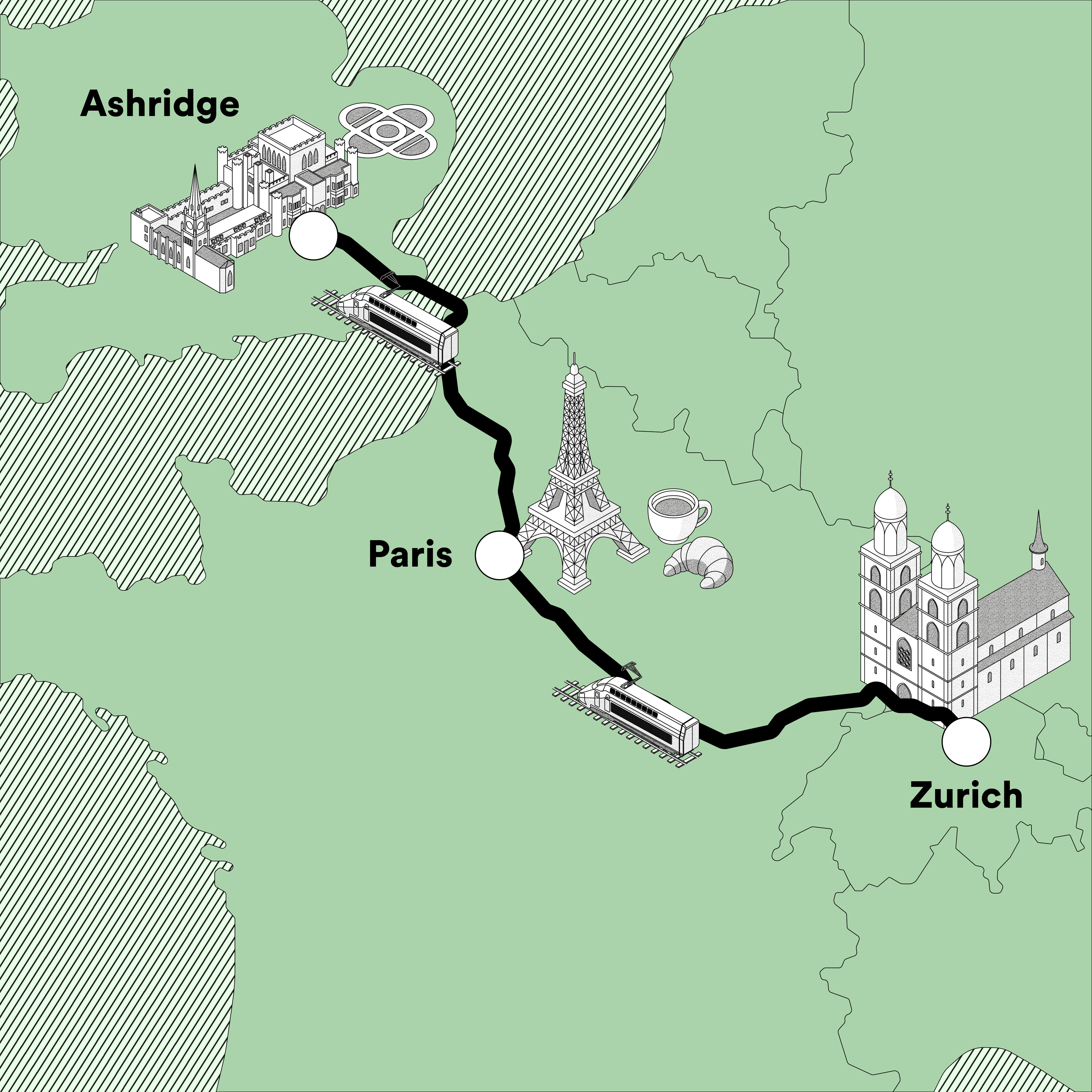 Illustrated map showing a route from Ashridge to Zurich via Paris, featuring landmarks like the Eiffel Tower and local symbols like croissants.