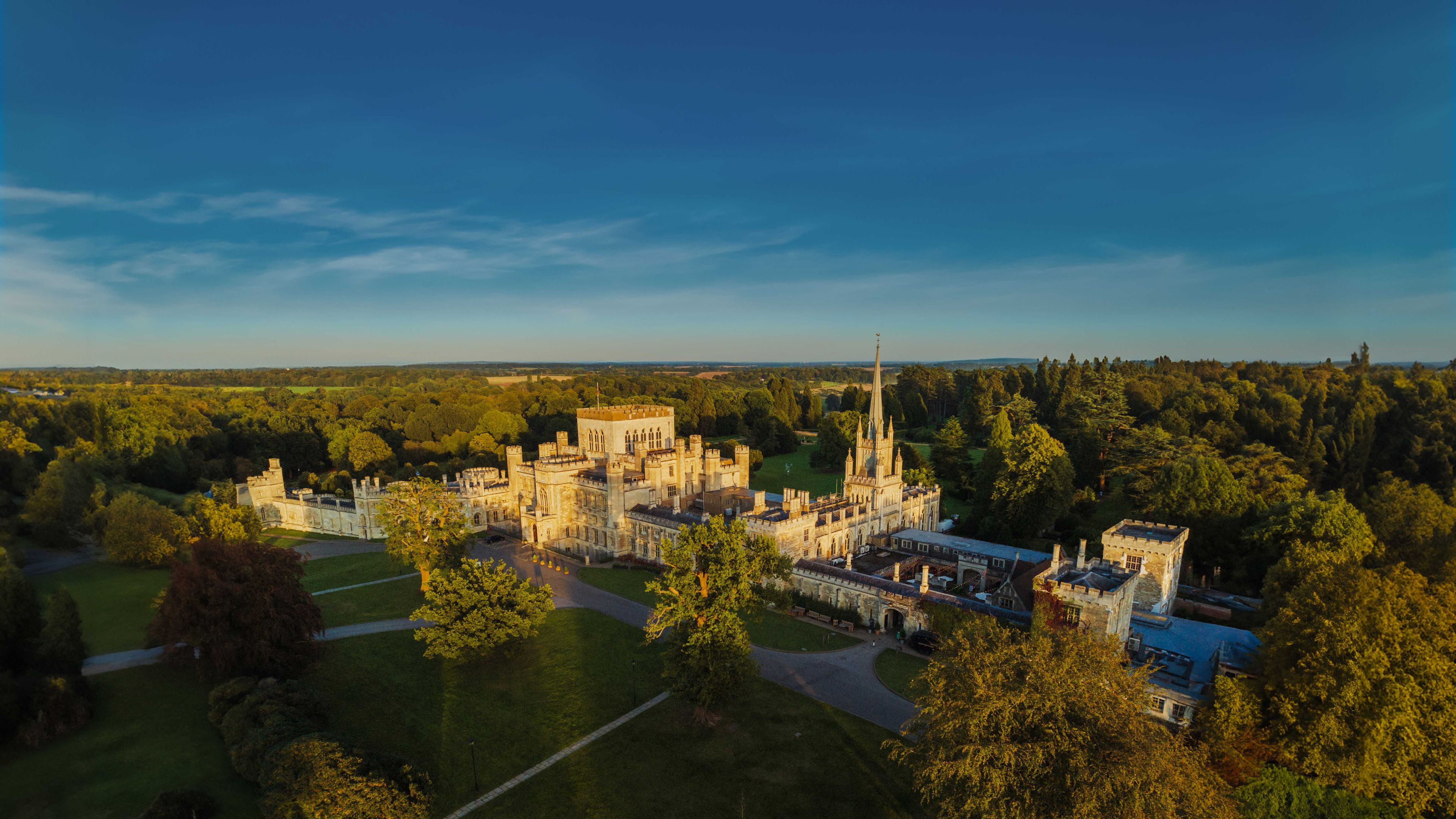 Aerial view of a large, historic castle surrounded by lush greenery and trees under a clear blue sky.