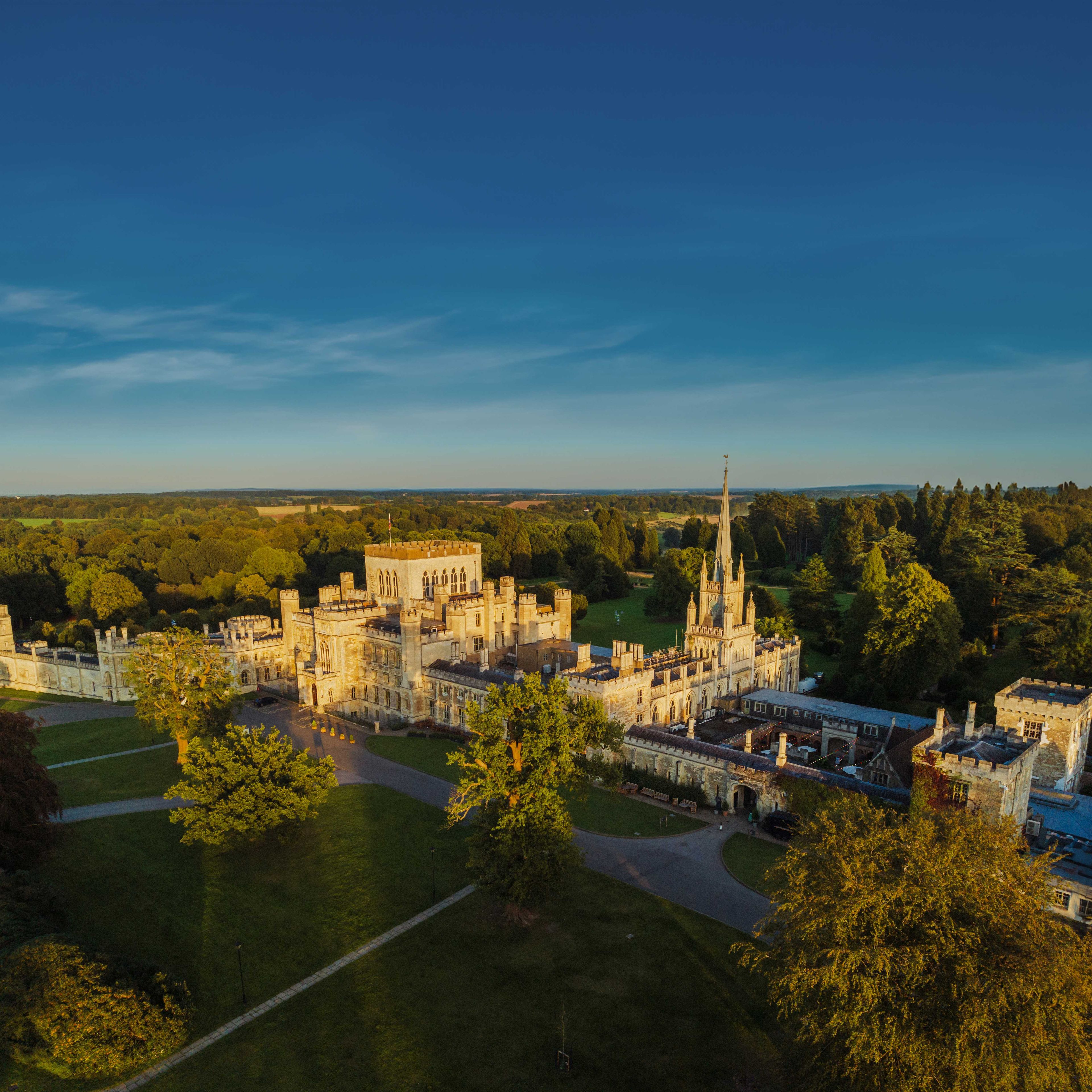 Aerial view of a large, historic castle surrounded by lush greenery and trees under a clear blue sky.