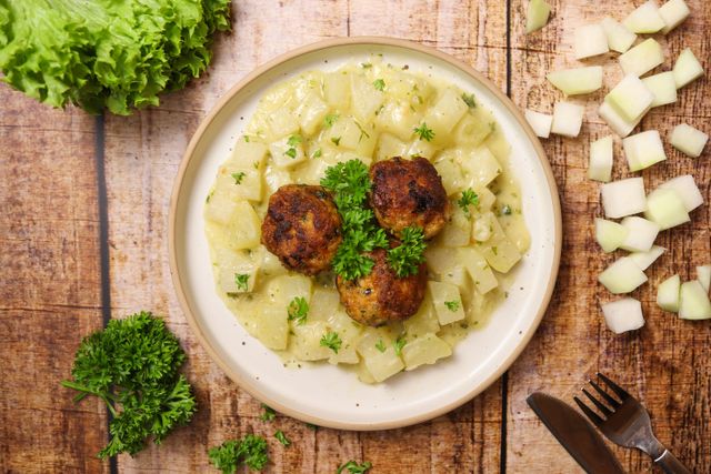 Orientalische Fleischbällchen auf Rahmkohlrabi Orientalische Fleischbällchen auf Rahmkohlrabi auf einem Teller mit Besteck