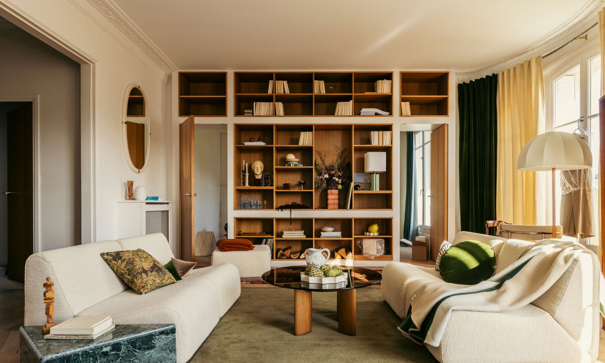 Rotondo tissu tramée blanc, Roma vert, carlotta verre noir et iroko, triangolo marbre vert, Lampadaire Duomo