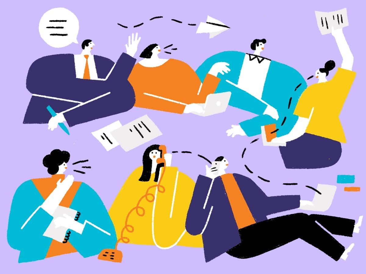 Illustration zeigt verschiedene Personen und Kommunikationsformen.